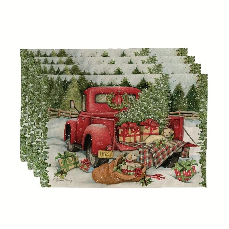 1PC Christmas Theme Placemat Linen Table Pad Red Truck Tree Double-sided Printed Kitchen Placemat Dining Table Mats Decor 1PC 30x45CM