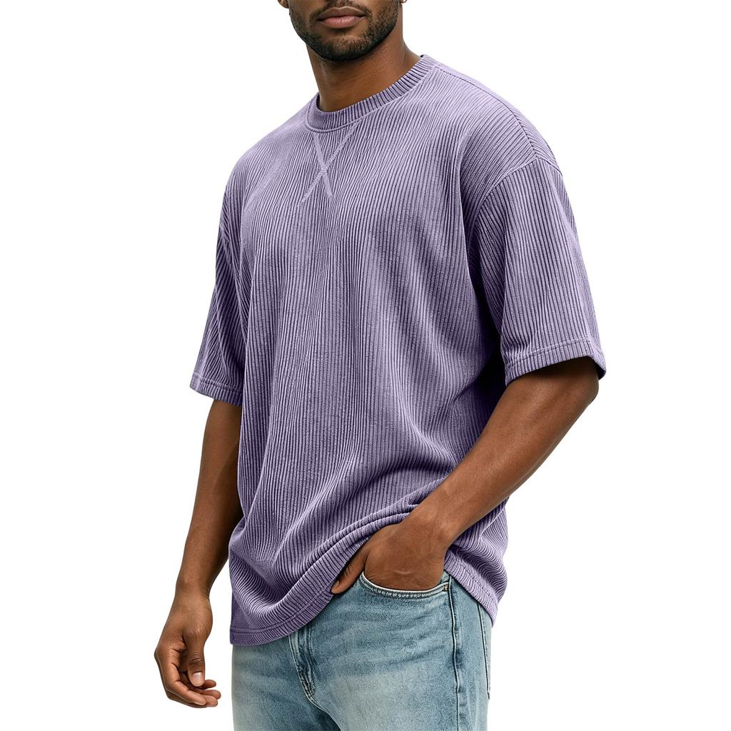 T-shirt da uomo in velluto a coste, vestibilità larga, girocollo, manica corta, top casual