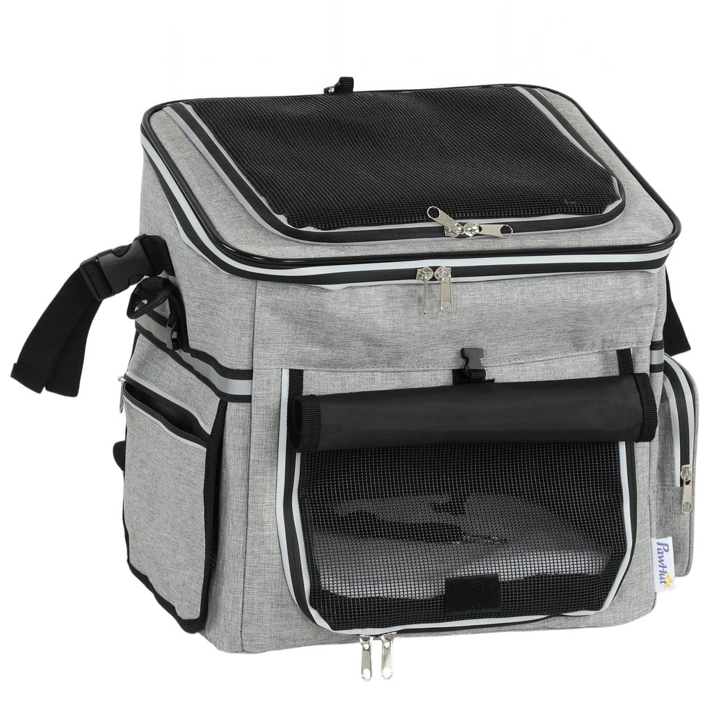 Dog Bike Basket, Soft-Sided Pet Carrier with Security Leash, Mesh Door & Window, Plush Cushion, Bowl, Light Grey