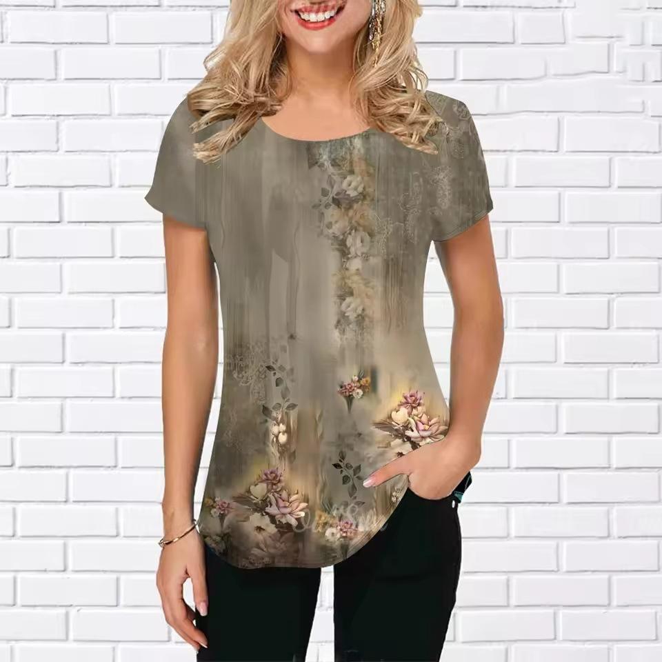 

Летний круглый вырез 3D Винтаж Цветочный Принт Топ Модные Повседневные Короткие Рукава Женские Футболки 6XL
