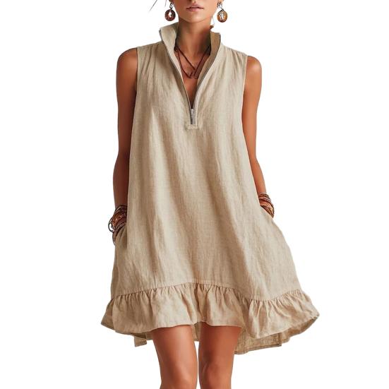 Women s Sleeveless Mini Stand Collar Dress Summer Dress Half Zipper Ruffle A-line Casual 3XL хаки