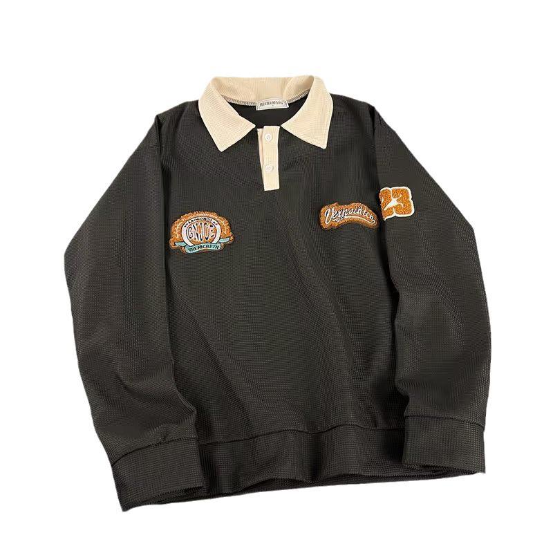 Herren Retro Waffel-Polo-Sweatshirt mit besticktem Kragen - Trendige Langarmjacke für Frühling & Herbst
