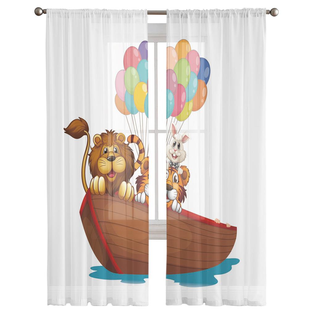 Cartoon Animal Ship Balloon Lion Tiger Rabbit Sheer Curtains for Living Room Tulle for Windows Voile Yarn Short Bedroom Curtains