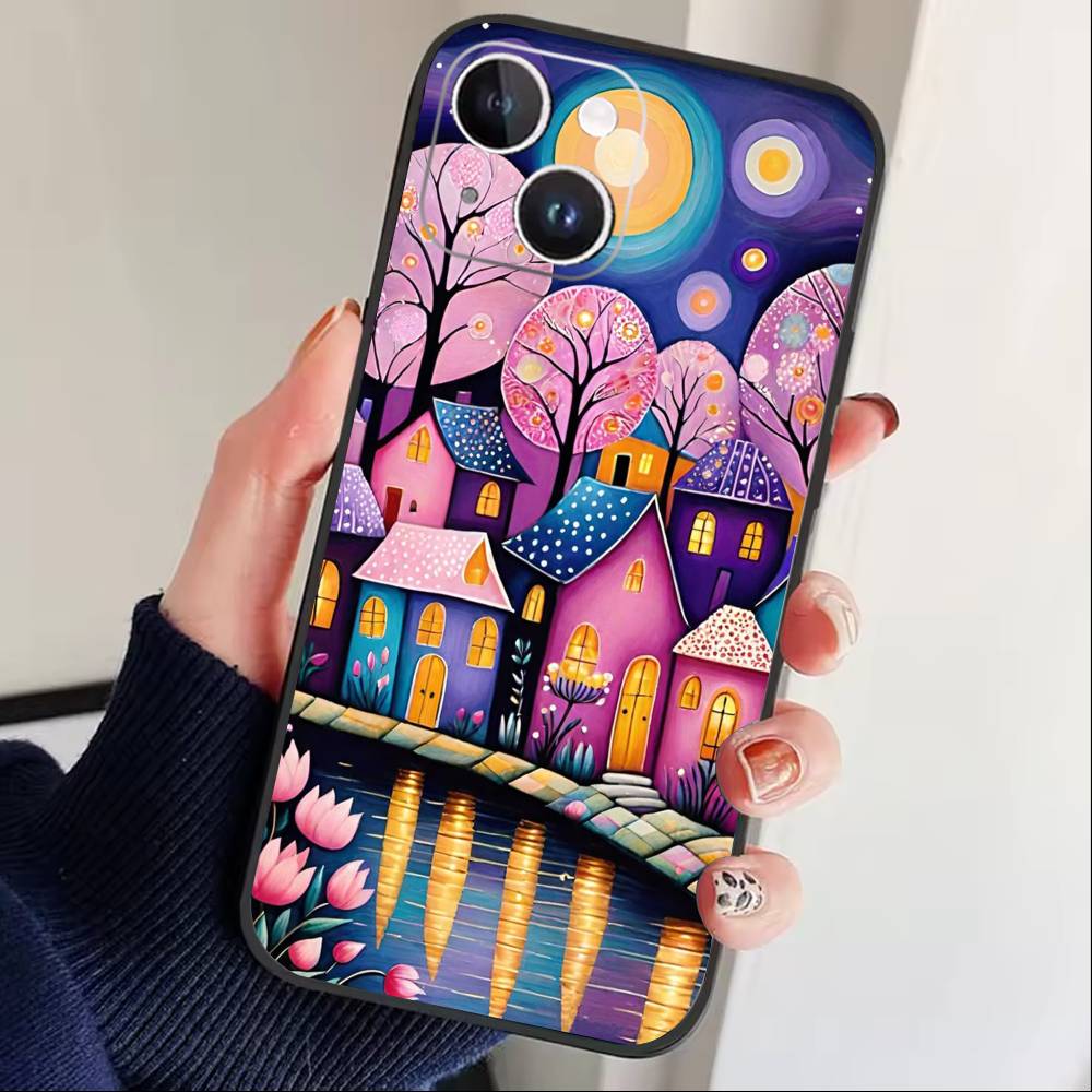Whimsical landscape Starry Night Phone Case For iPhone17,16,15,14,13,12 Plus,Max Soft Silicone Black Cover
