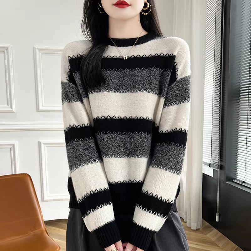 Women's Striped Round Neck Wool Sweater - Loose, Thick Knit, Lazy Style for Autumn and Winter