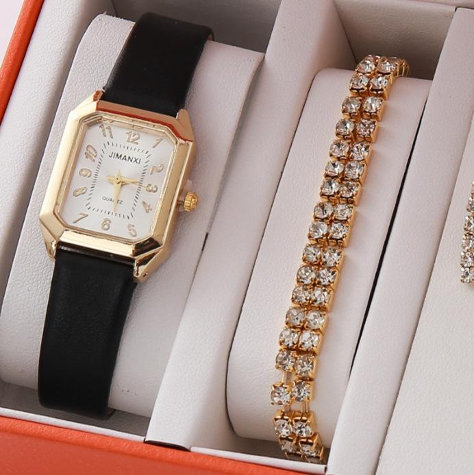 New Casual Fashion Leather Women'S Business Square Quartz Watch Korean Version Of Rhinestone Jewelry Set Watch