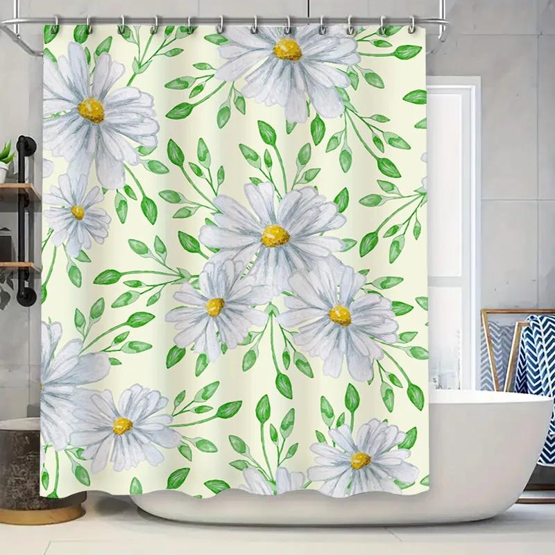 

Hand-painted flower shower curtain set modern home decor item for bathroom decoration blue flowers design on white background wi W90xH180cm