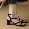 Black summer new temperament pearl sandals round head medium thick heel evening small high heel sandals women