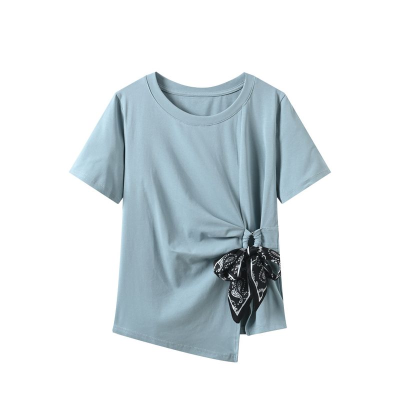 

Cara Club Plus size Shoulder round Neck Short sleeve T-shirt Women Summer Fat Sister Age-Reducing Slimming Irregular Top Fashion Blue L
