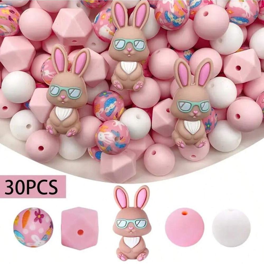 4/26/30/52PCS Easter bunny silicone beads, suitable for bracelets, keychains, lanyards, pen accessories, holiday accessories