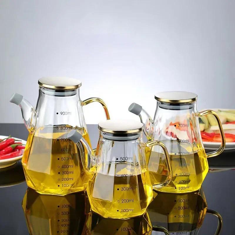 500/700/900ml Diamond Glass Oil Pots Leak Proof Oil Pot with Scale and Handle Kitchen Sauce Vinegar Condiment Storage Container