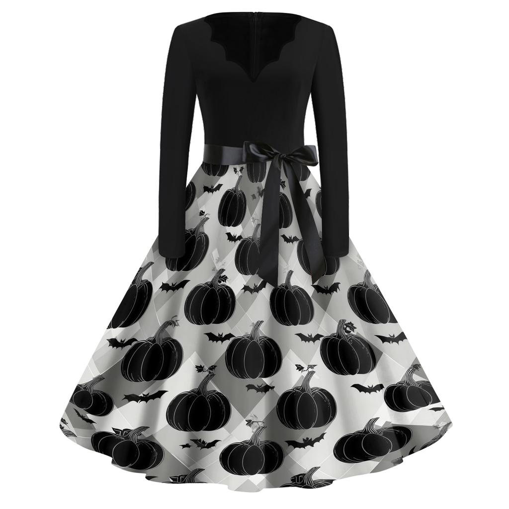 Women's Casual Vintage Halloween Print V Neck Long Sleeve Dress with Waist Tie and Flared Skirt for Everyday Wear