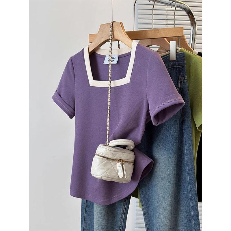 Plus Size Women's Stylish Square Neck Short Sleeve Summer T-shirt - Pure Cotton, Slimming, Up to 200 Jin.