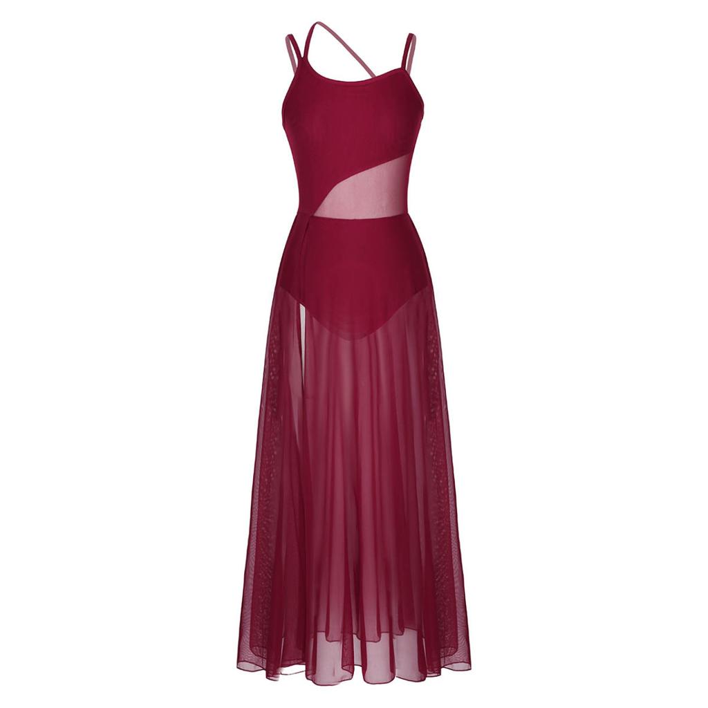 Dance Costume Practice Wear Mesh Splice Asymmetrical Mesh Maxi Dance Dress with Built-In Leotard