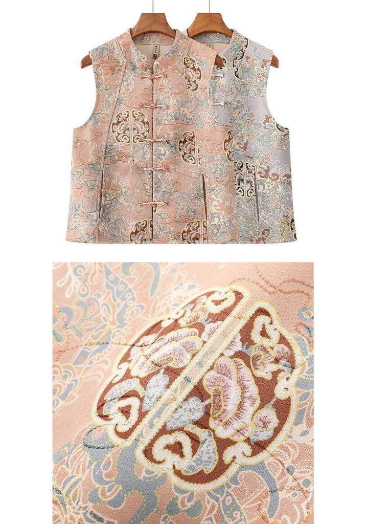 2026 Spring-Autumn National Style Jacquard Vest: Frog Button, Stand Collar, Young Mother Collection
