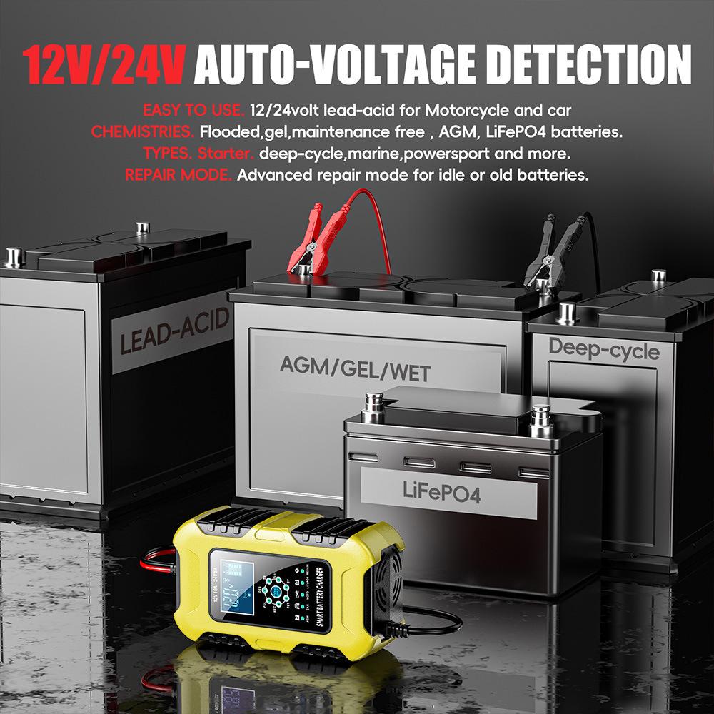 Intelligentes Ladegerät für 12V/24V Eisen-Lithium, GEL, Blei-Säure, AGM, LiFePo4 Motorrad- und Autobatterien