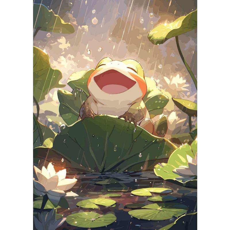 Cute Cat and Frog On The River Lotus Leaf Poster Modern Animals Canvas Painting Wall Art for Living Room Home Decor Mural