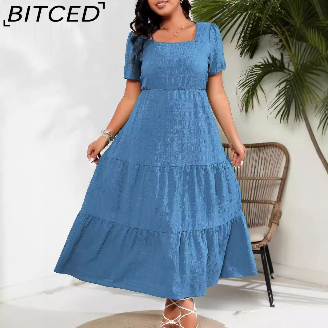 

BITCED Women s Square Neck Back-Pleated Short-Sleeve Pocket Dress XXXXL морской синий