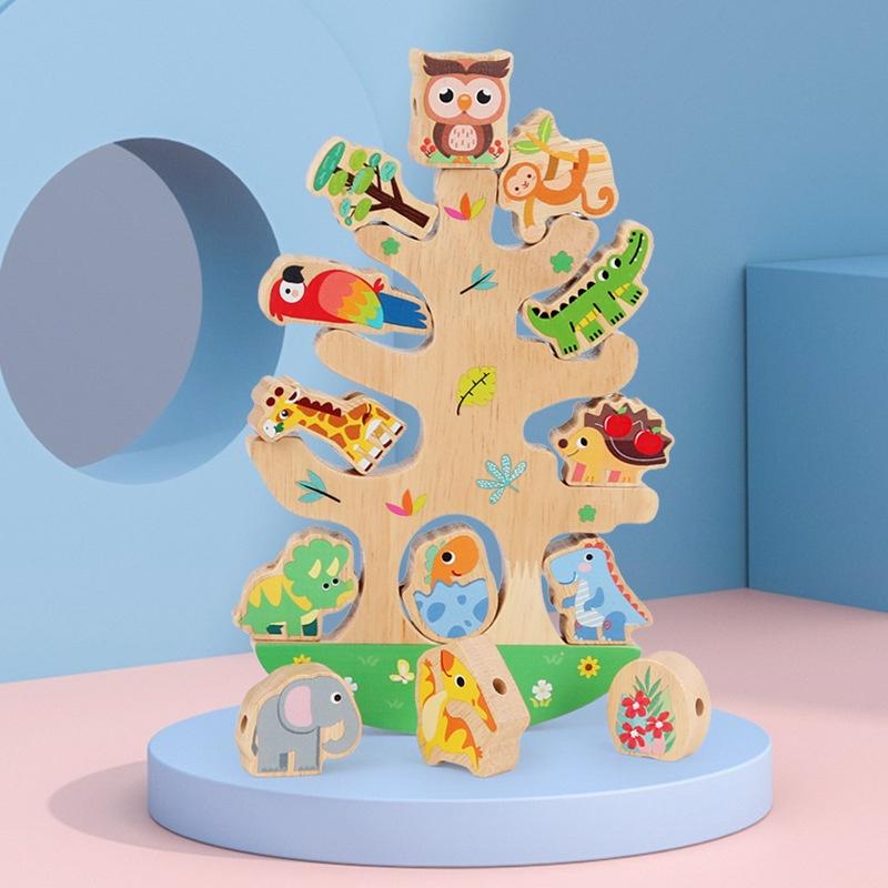 Wooden Animal Bead Balance Tree Building Blocks Develops Balance Skills Large Beads Characters)