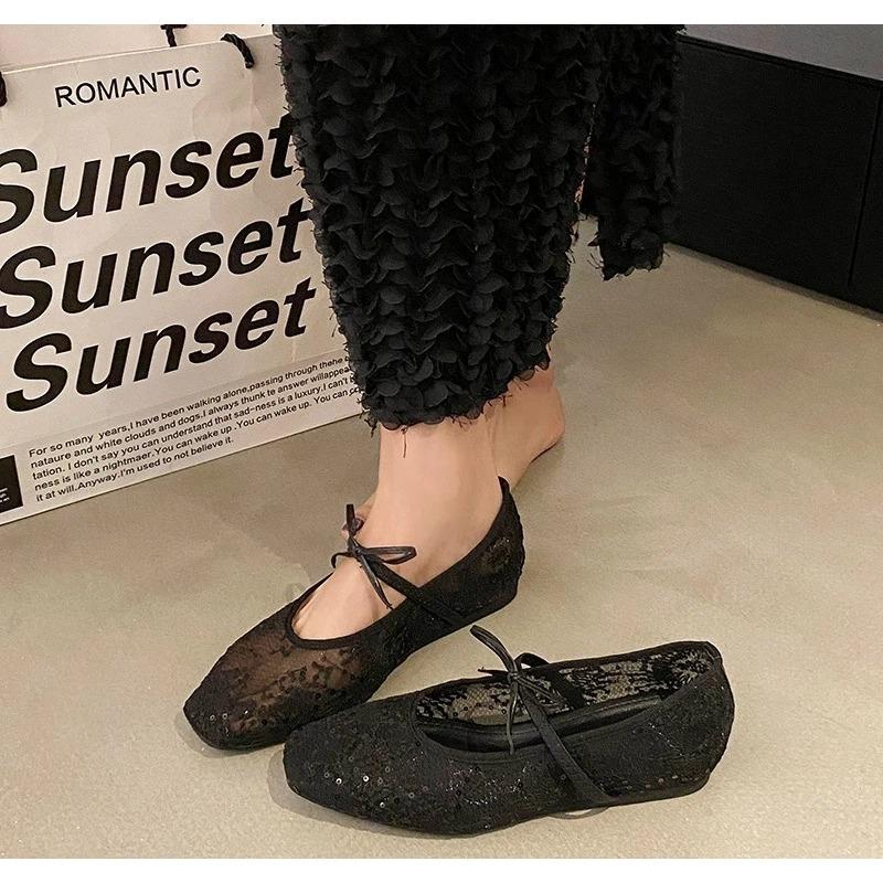 Women's Lace Embroidered Ballet Flats Square Toe Bow Tie Strap Breathable Casual Shoes