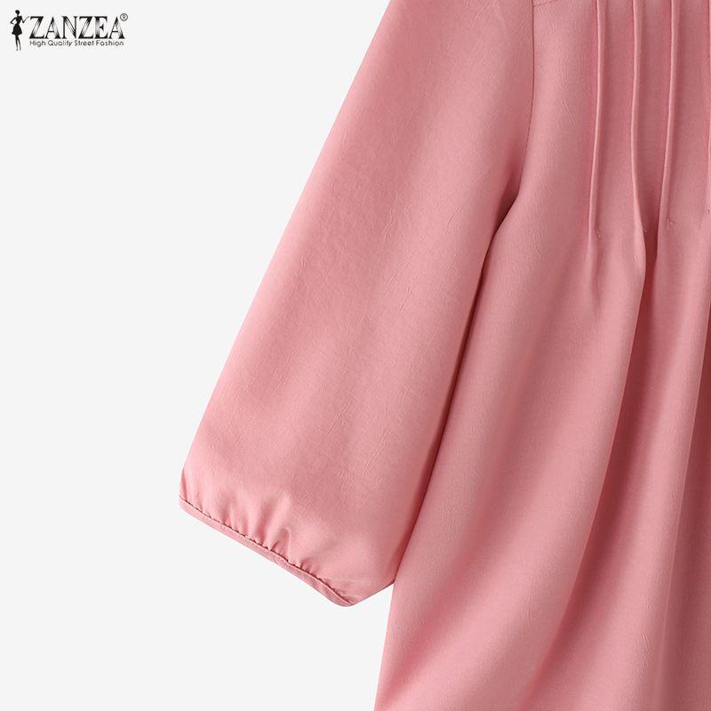 ZANZEA Kobiety Casualowy Okrągły Dekolt Jednolity Kolor Luźna Bluzka z Długim Rękawem