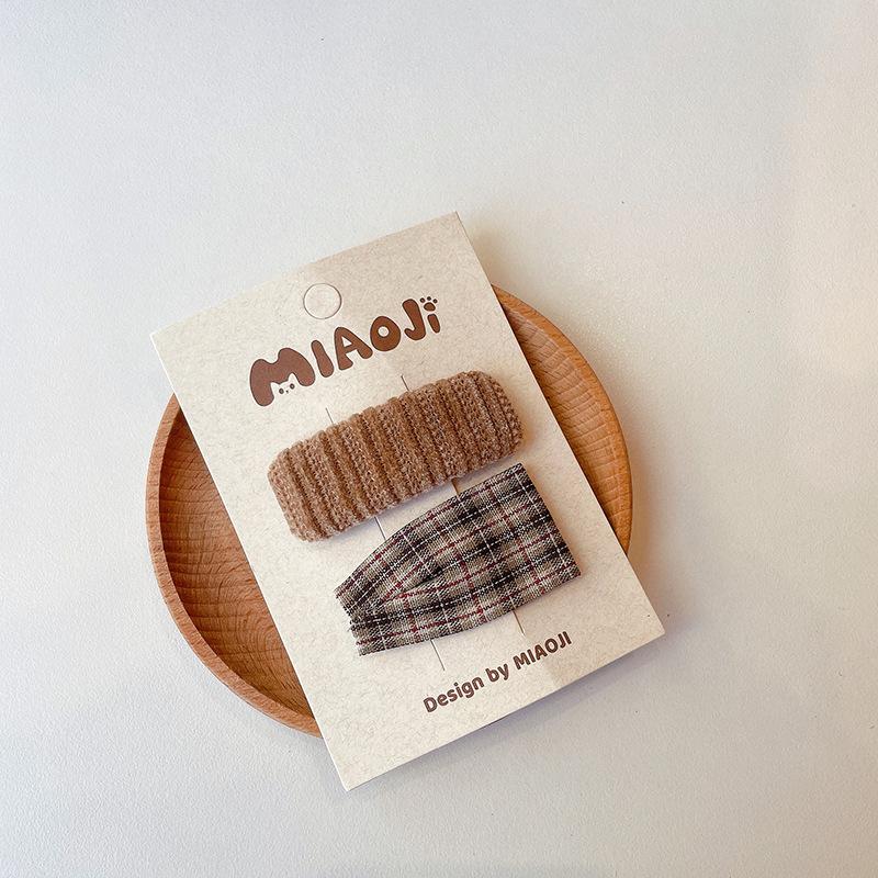 2pcs Coffee Plaid Embroidered Bow Hairpin Version of Children's Bangs Broken Hair BB Baby Headwear Girls Kids Hair Accessories