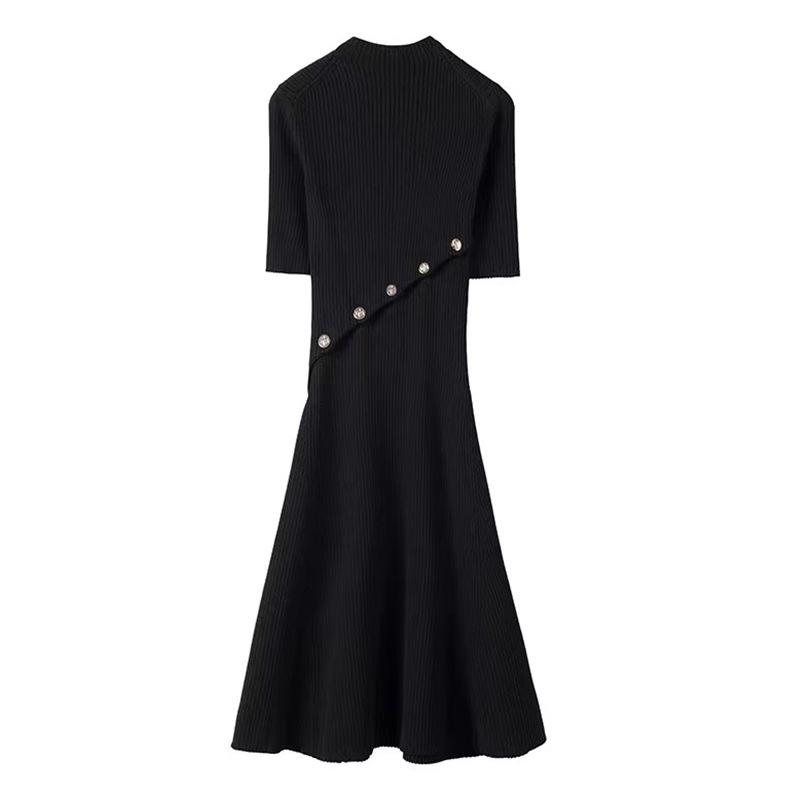 2025 Autumn/Winter Black Slim Fit Dress with Side Letter Buttons & Round Neck for Women S