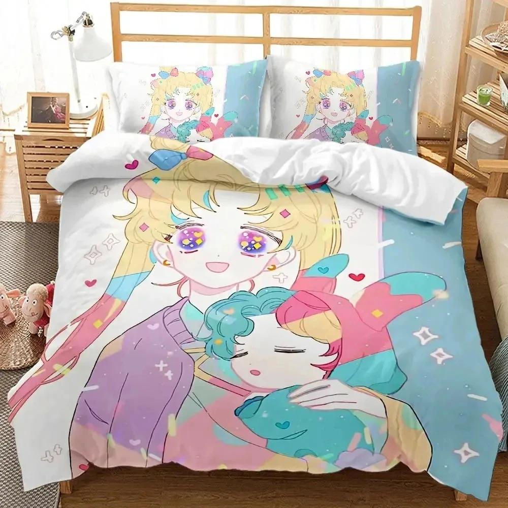 Kreslený S-Sailor-M-Moon Ložní set, Chlapecký a dívčí povlak na přikrývku, povlak na polštář, dárek, Domácí ložnicový quiltový set, Velký King 260x220cm