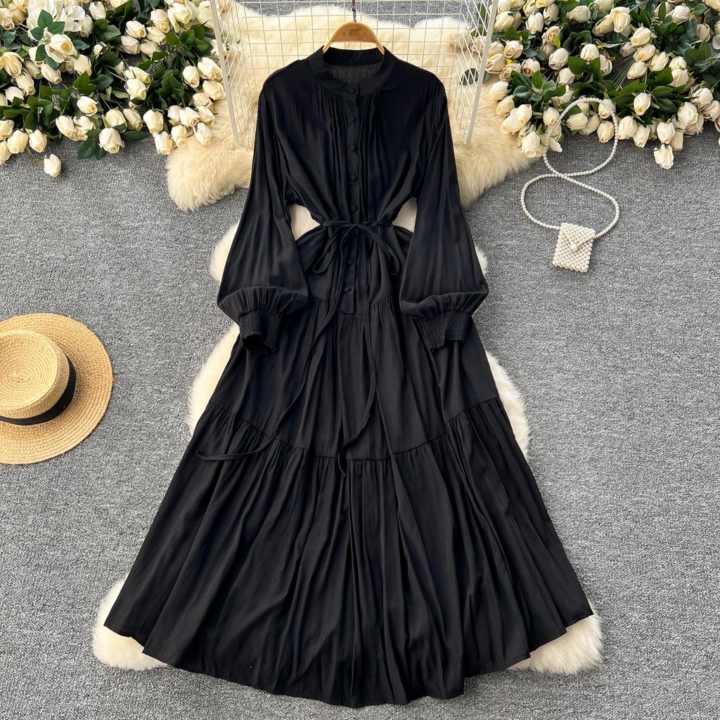 Frenchic Vintage Maxi Dress Women Stand Collar Lantern Sleeve Lace-up Female A-line Elegant Dresses Spring Autumn