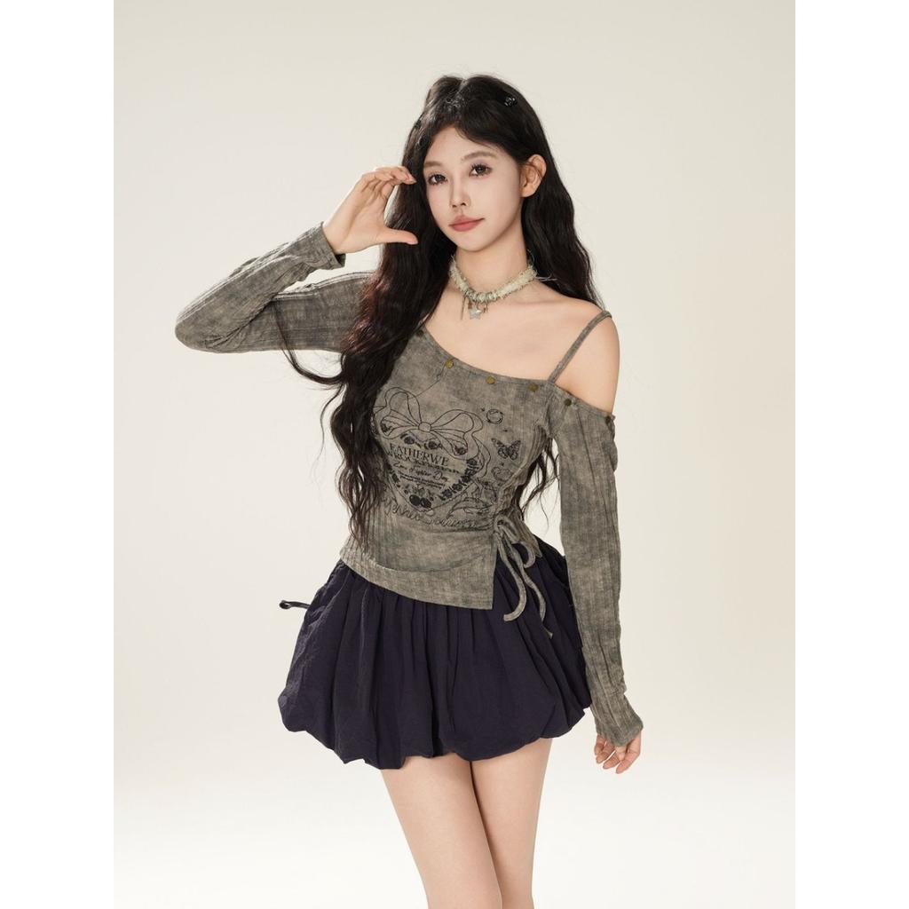 American Retro Y2K Print Off-shoulder Long Sleeve Women's T-shirt