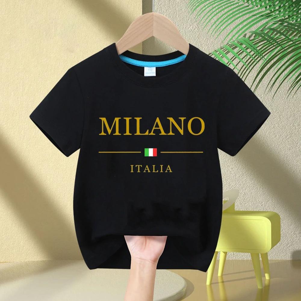 Boys and girls summer  fashionable casual MILANO ITALIA pattern printed sports round neck short sleeved T-shirt