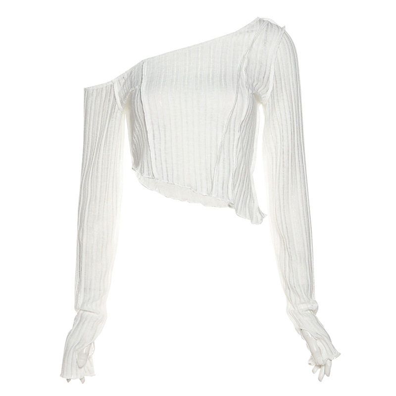 European and American Style 2024 Autumn New Women's Fashion Solid Color Slim Fit Cropped Fashionable Irregular One-Shoulder Long-Sleeve T-Shirt