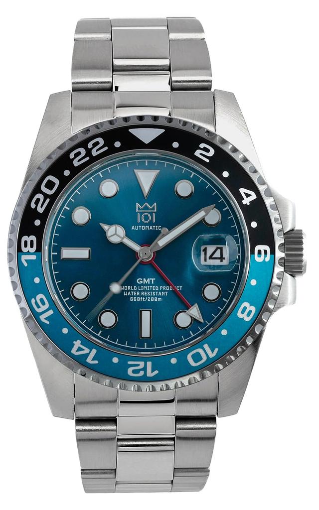 NEW Model Hyakuichi Mechanical Watch Automatic Manual Winding GMT Watch 200m Water Resistant Date Stainless Steel Bracelet Viking Blue [HYAKUICHI 101]