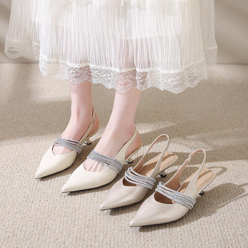 Rhinestone Bag Head Fashion Sandals Women's Thin Heels Spring and Summer New Low Heels Pointed Single Shoes Empty High Heels