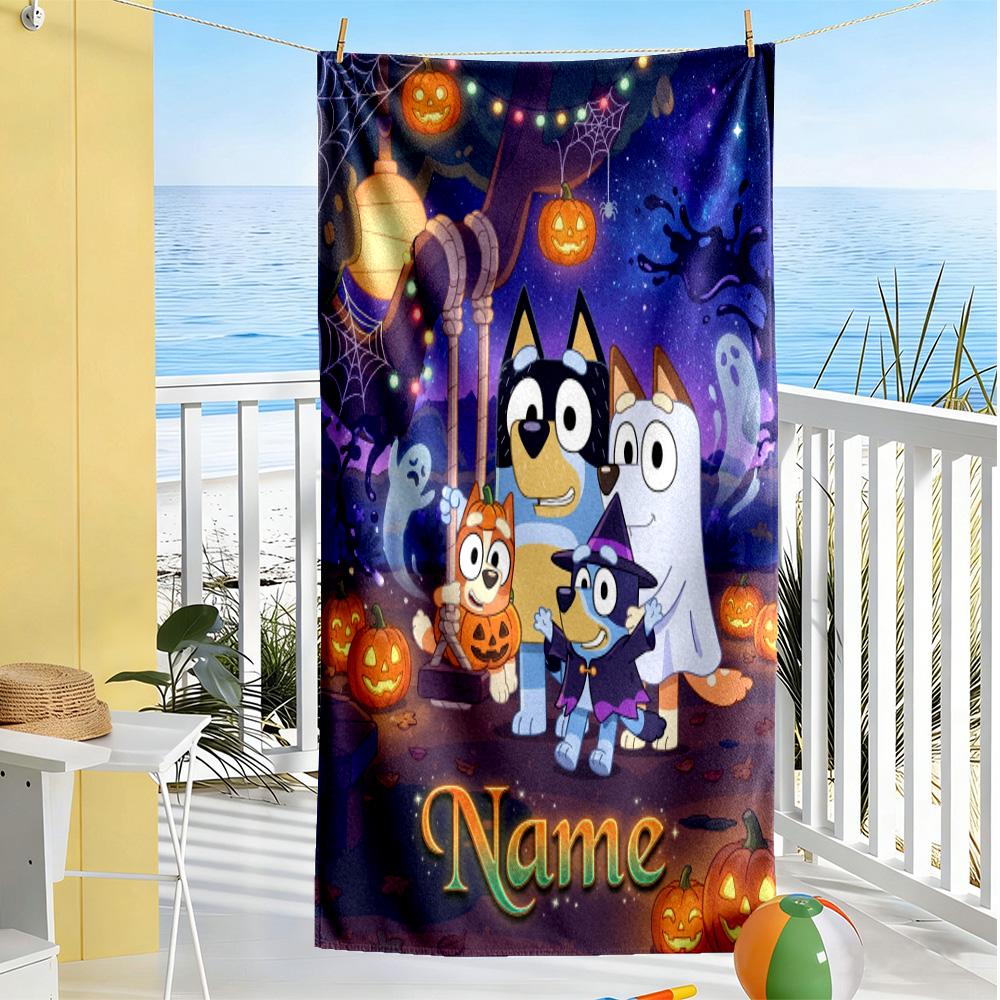 Halloween Bluey Party Personalized Name Beach Towel Quick-Dry Soft Microfiber