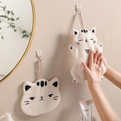 Absorbent Cute Cat Coral Fleece Hanging Hand Towel for Bathroom & Kitchen