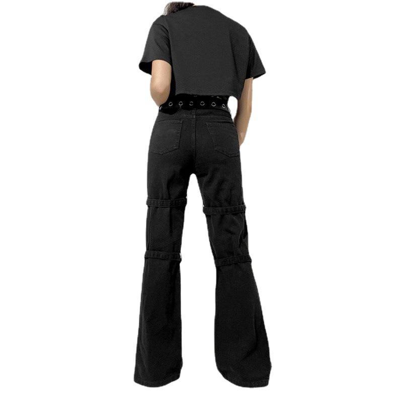 European American Design Print Metal Buckle Denim Drape Pants