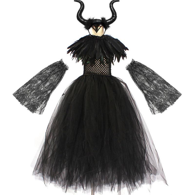 Halloween Maleficents Costume for Girls Evil Queen Dress Up Costumes Witch Devil Black Tulle Mesh Princess Dress Cosplay Clothes