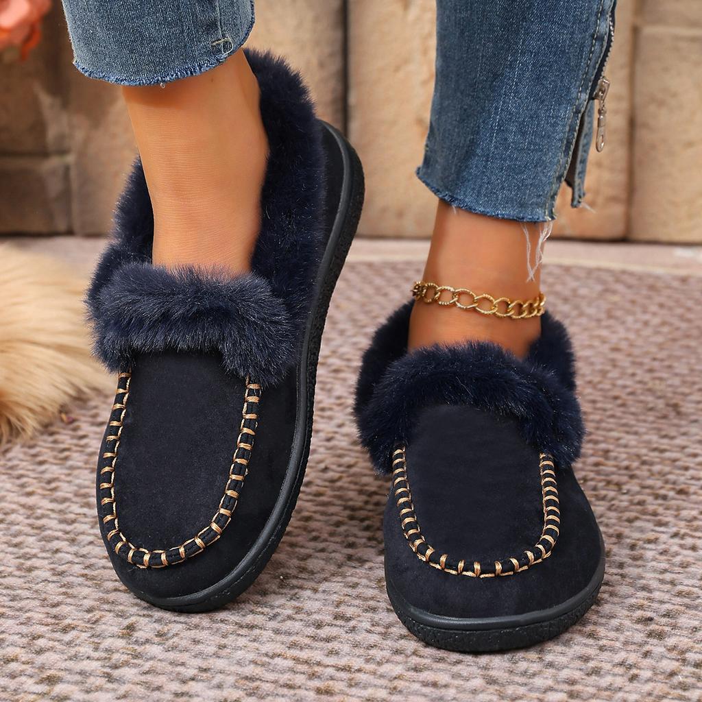 2025 Winter New Round Head Fluffy Shoes Retro Fashion Versatile Foreign Style Flat Bottom Velvet Thickened Cotton Shoes Women