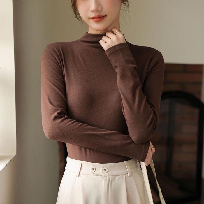 Women's Ribbed German Velvet Warm T-Shirt - Semi-High Neck, Solid Color, Autumn/Winter 2025 Collection