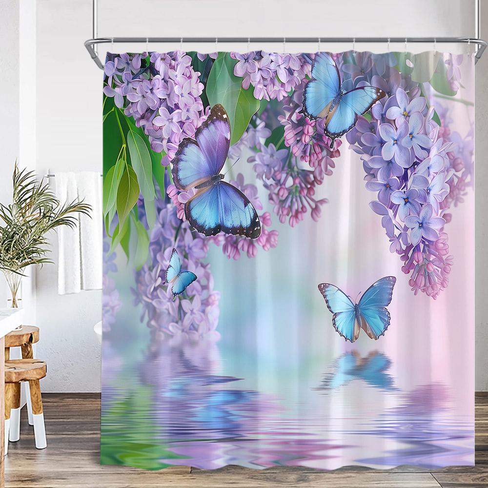 Colorful Butterflies Floral Shower Curtain Flowers Plants Blooming Blossom Bathroom Decorations Polyester Bath Curtain With Hook