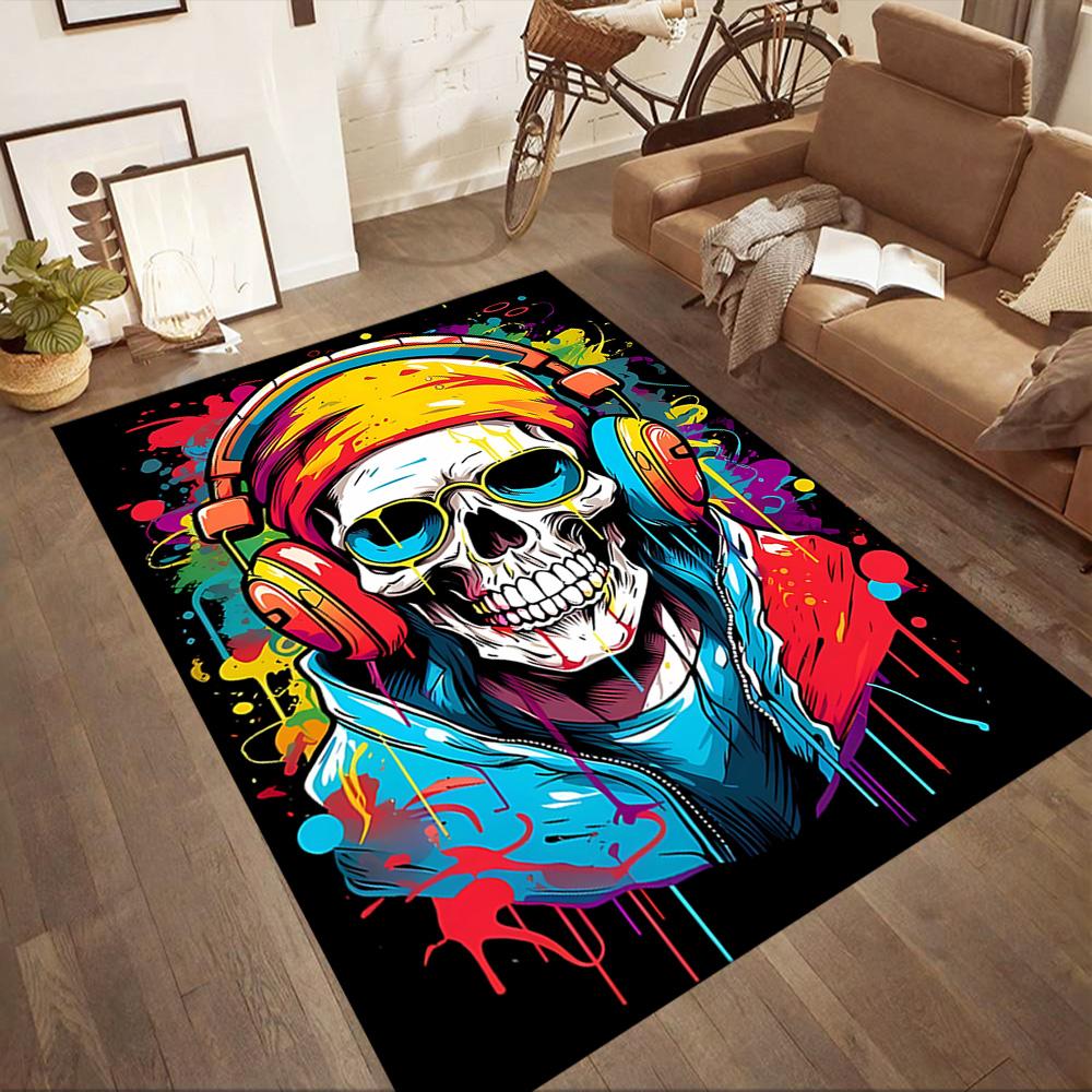 Skull With Headphones Artwork Floor Mats for Living Room, Bedroom and Room Decoration Are Suitable for Gifts.