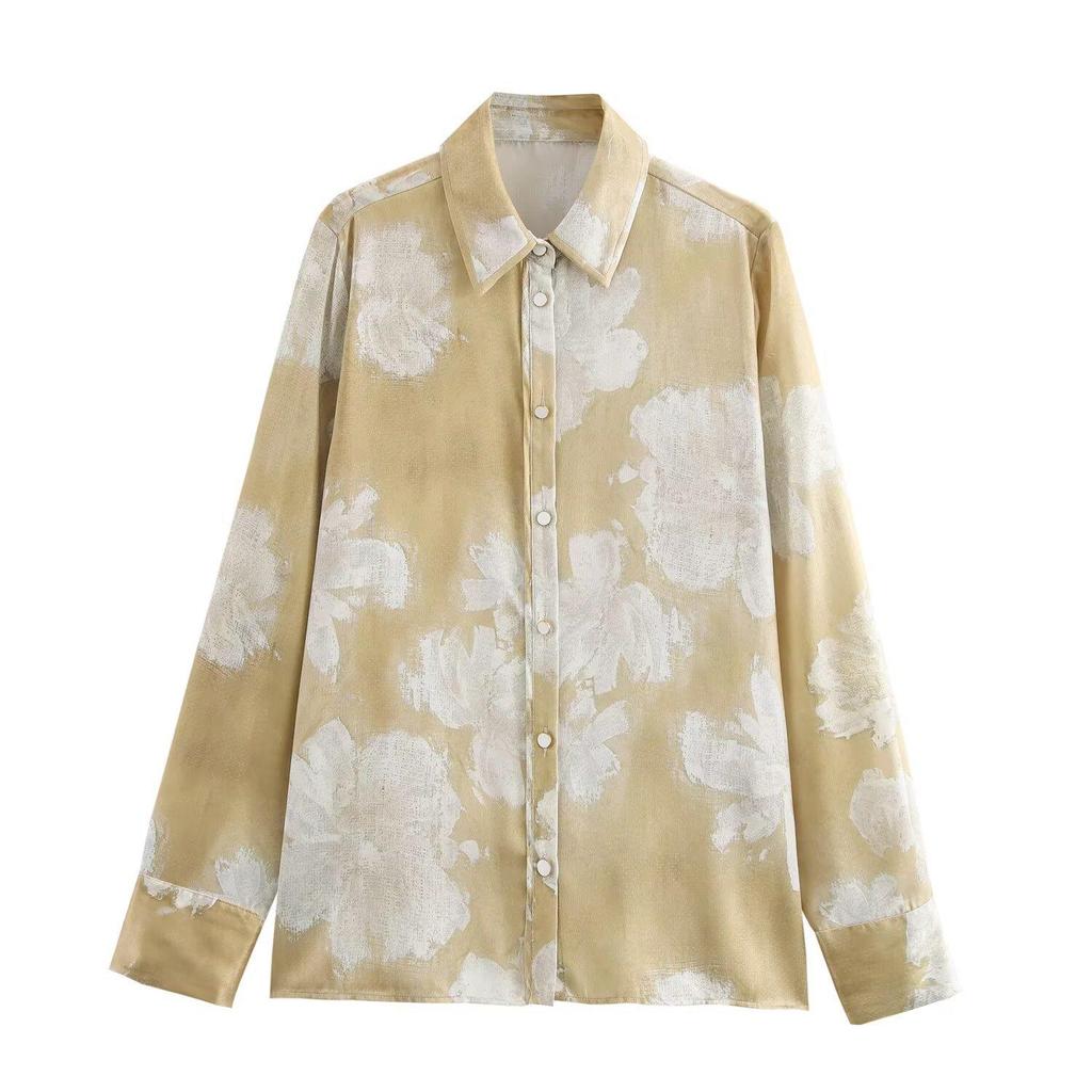 Autumn 2024 Floral Print Satin Shirt and Pants Set for Women - European American Style