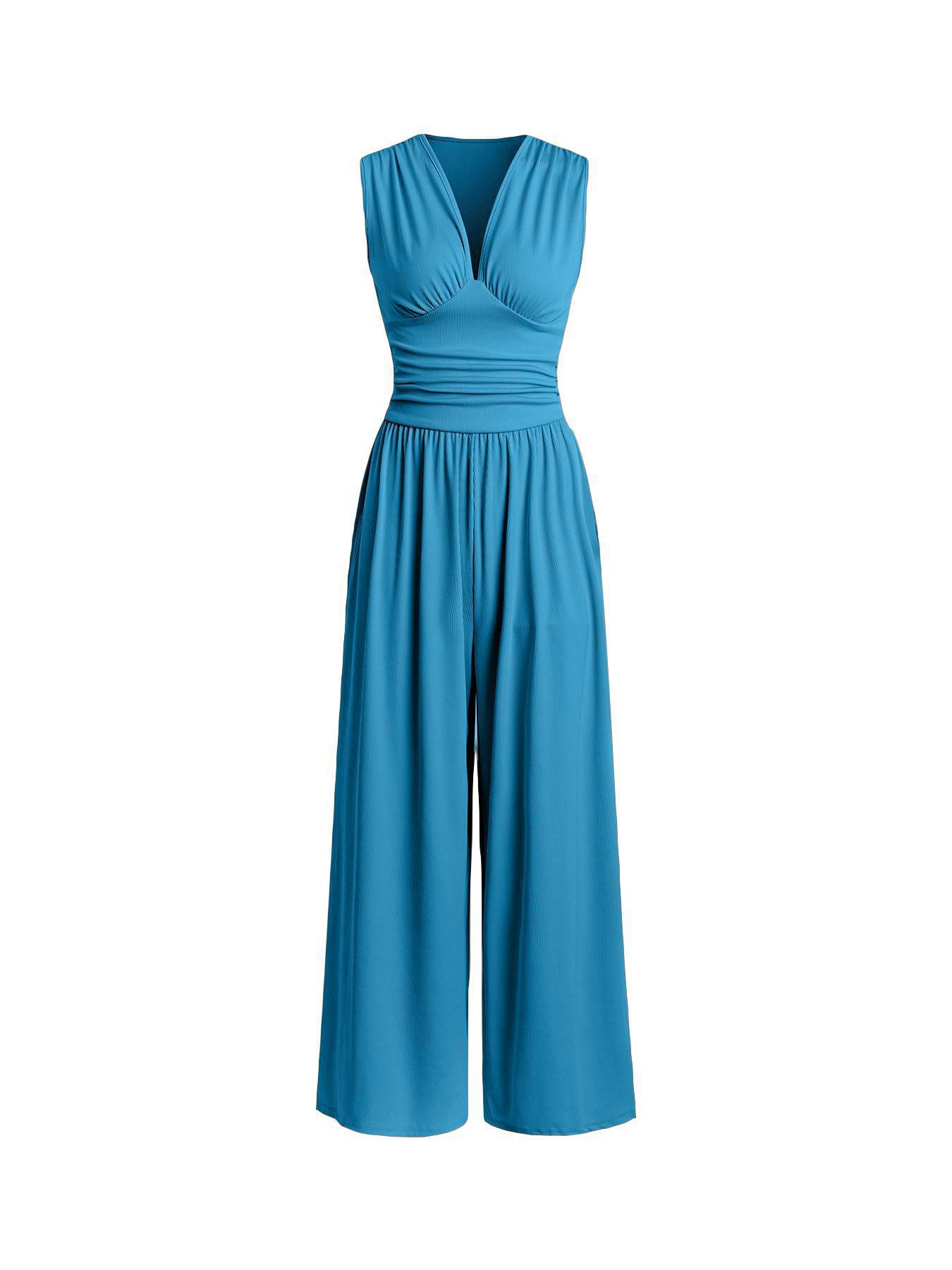 

European Sleeveless Knit Jumpsuit with Loose Wide-Leg Pants Large павлин голубой