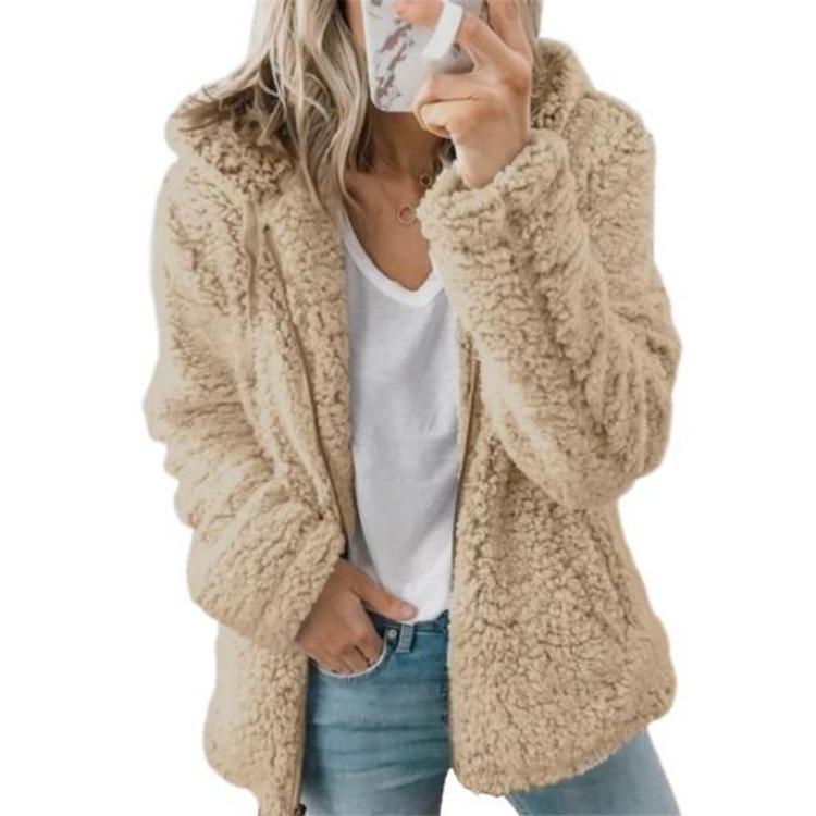 Warme Damen Sherpa Jacke mit Kapuze Fleece Mantel Freizeit Einfarbig Plüsch Reißverschluss Winddicht Herbst Winter Strickjacke