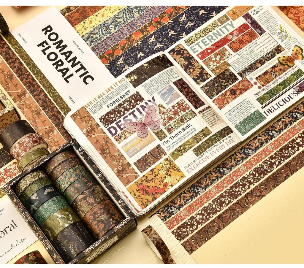 12 rolls/box Retro Landscape Washi Tape Creative Floral Mountain Crane Design Sticker Rolls Scrapbook Gift Wrapping