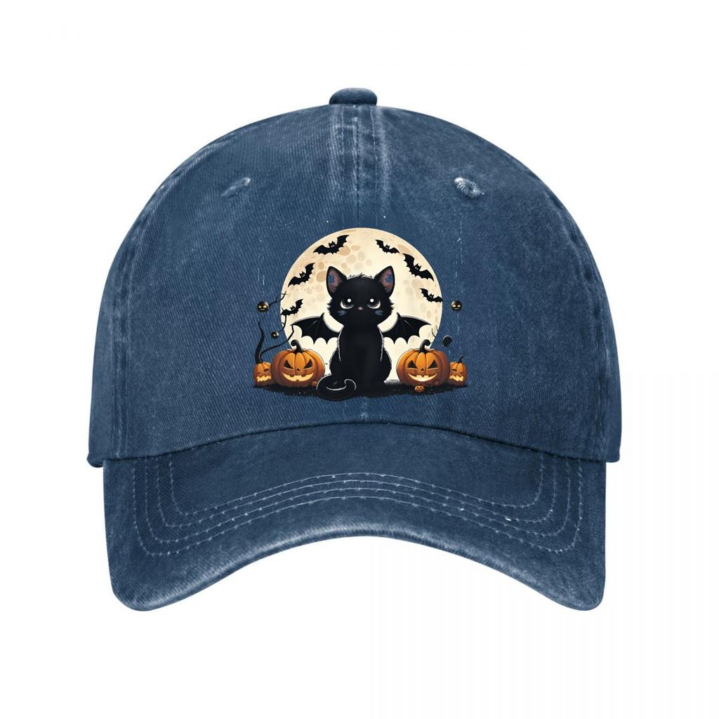 Halloween Black Cat Bat Wings Jackolanterns Decor Washed Baseball Cap Outdoor For Womens Unisex FeUnisex
