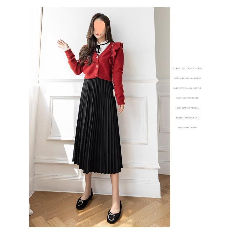 Saia Longa Plissada A-line Feminina com Cintura Alta