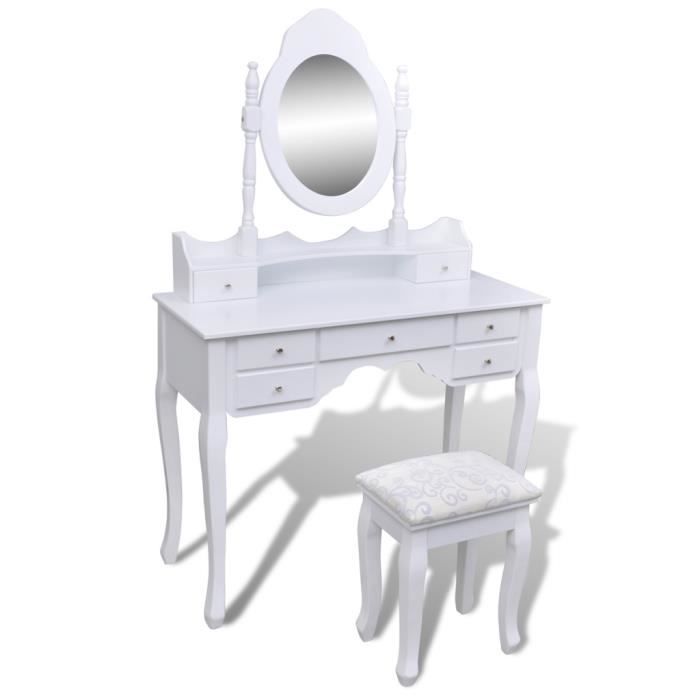 VidaXL Coiffeuse avec miroir et tabouret 7 tiroirs Blanc