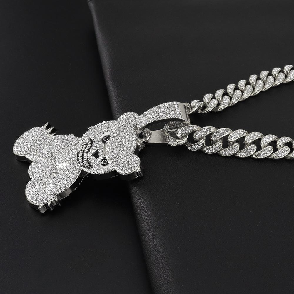 Cross Diamond Painting Bear Pendant Necklace - Trendy Hip-Hop Cuban Chain Clavicle Jewelry